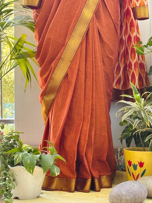 Officer-Class Cotton Saree with Ikkat Blouse & Potli Neck Design (Limited Edition)