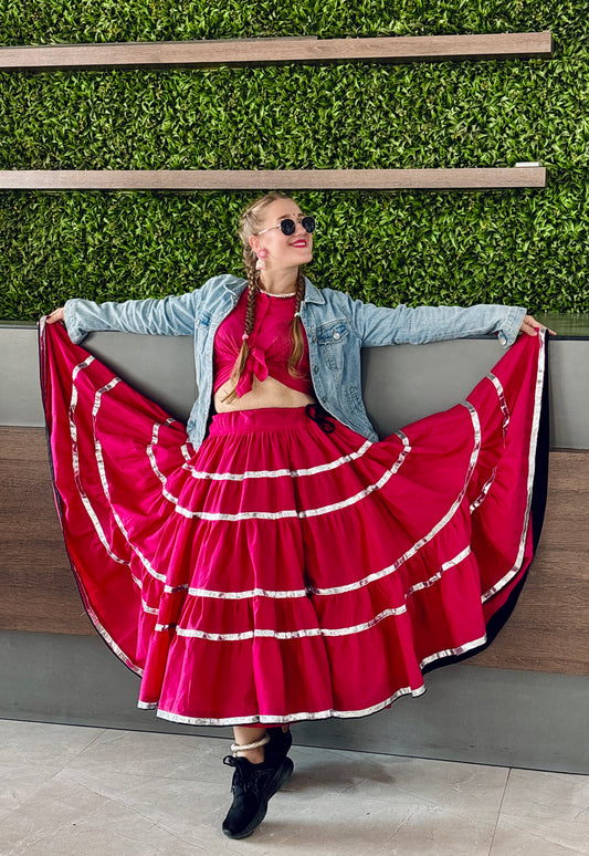 Hot Pink Cotton Gypsy Skirt with Silver Gota Work – Flared Traditional Skirt