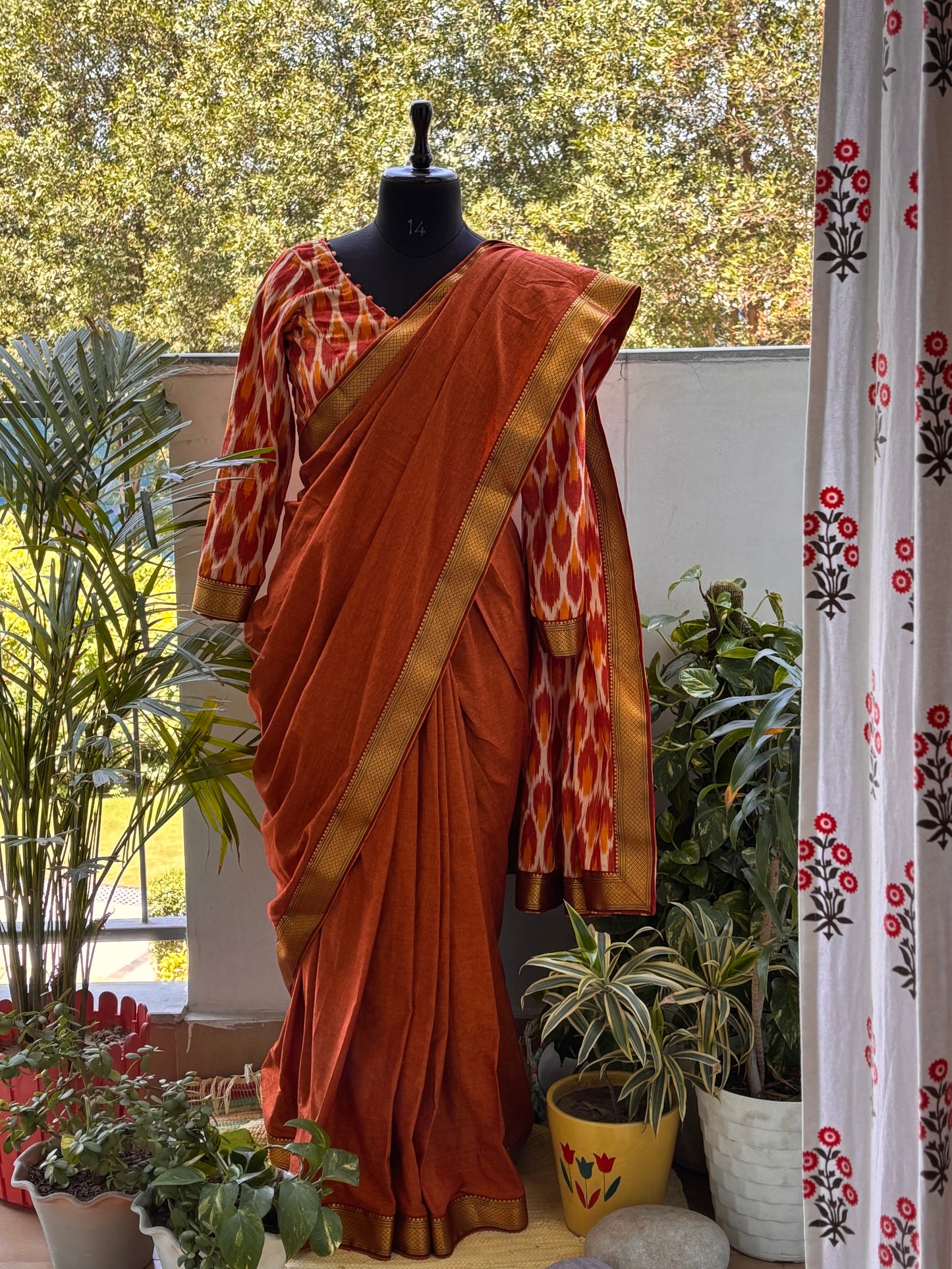 Officer-Class Cotton Saree with Ikkat Blouse & Potli Neck Design (Limited Edition)