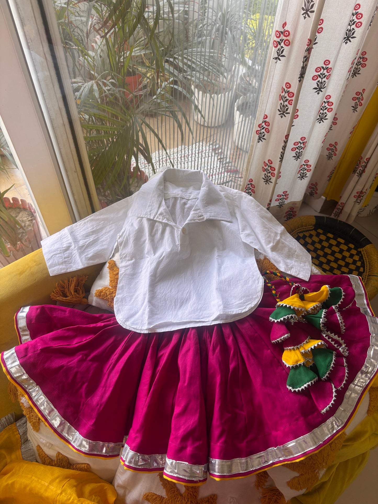 Pink Cotton Haryanvi Daman Kurti Chunni Set for Girls | Traditional Kids Ghagra Dress