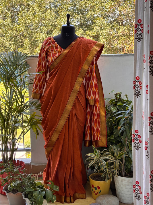 Officer-Class Cotton Saree with Ikkat Blouse & Potli Neck Design (Limited Edition)