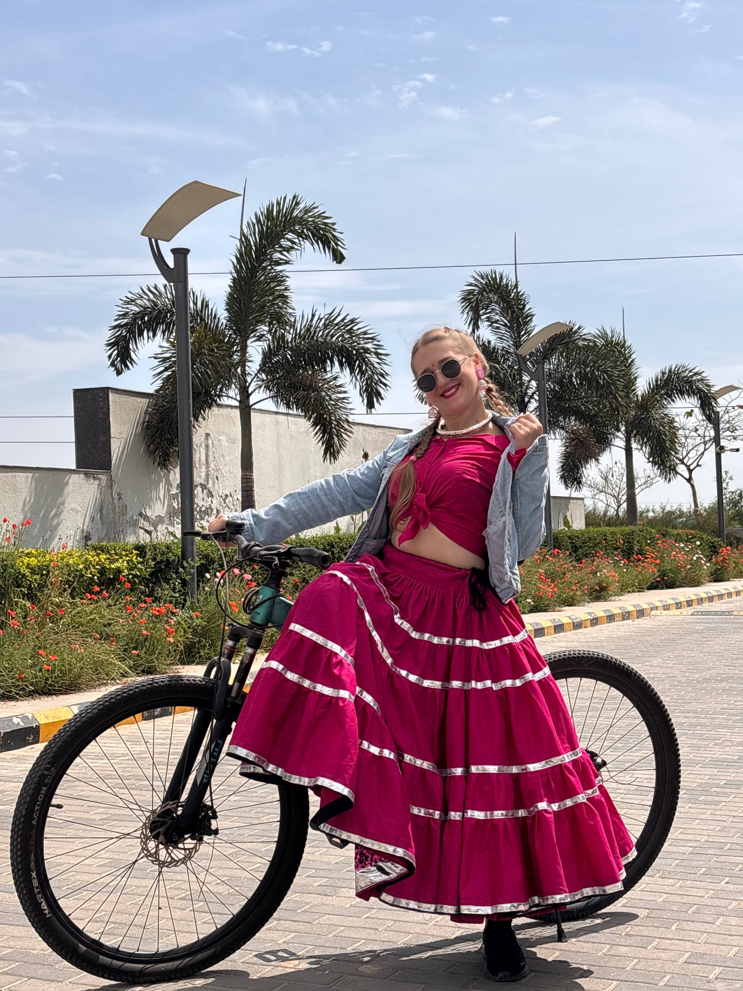 Hot Pink Cotton Gypsy Skirt with Silver Gota Work – Flared Traditional Skirt