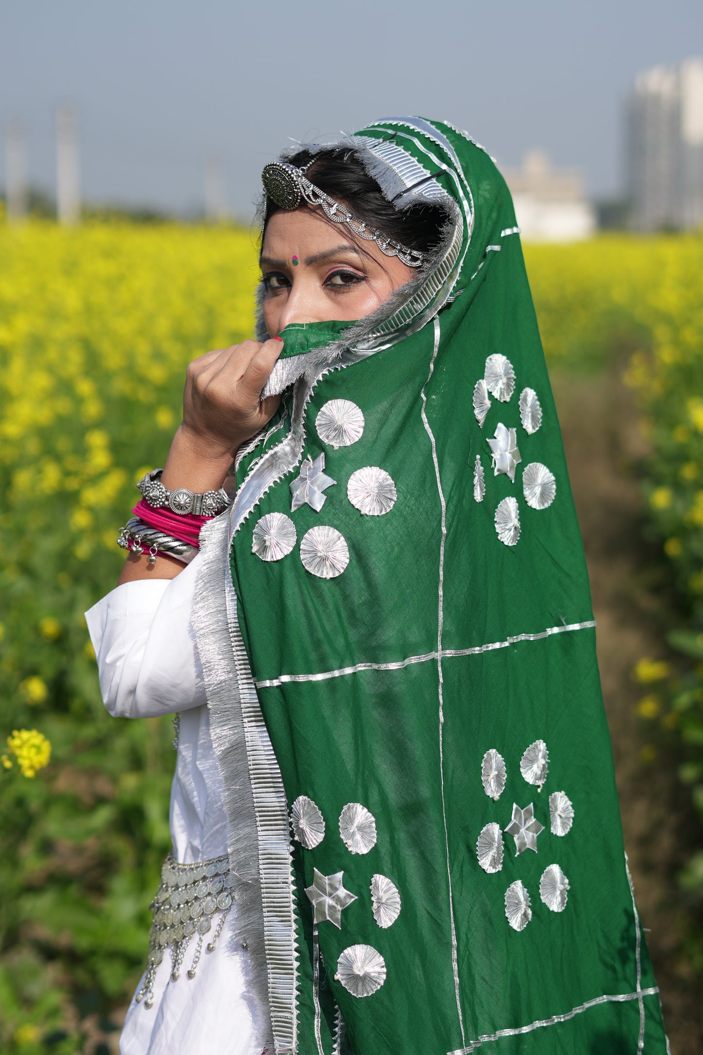 🌸 Beautiful Blossom Reversible Haryanvi Daman Set – Pink & Bottle Green 🌸