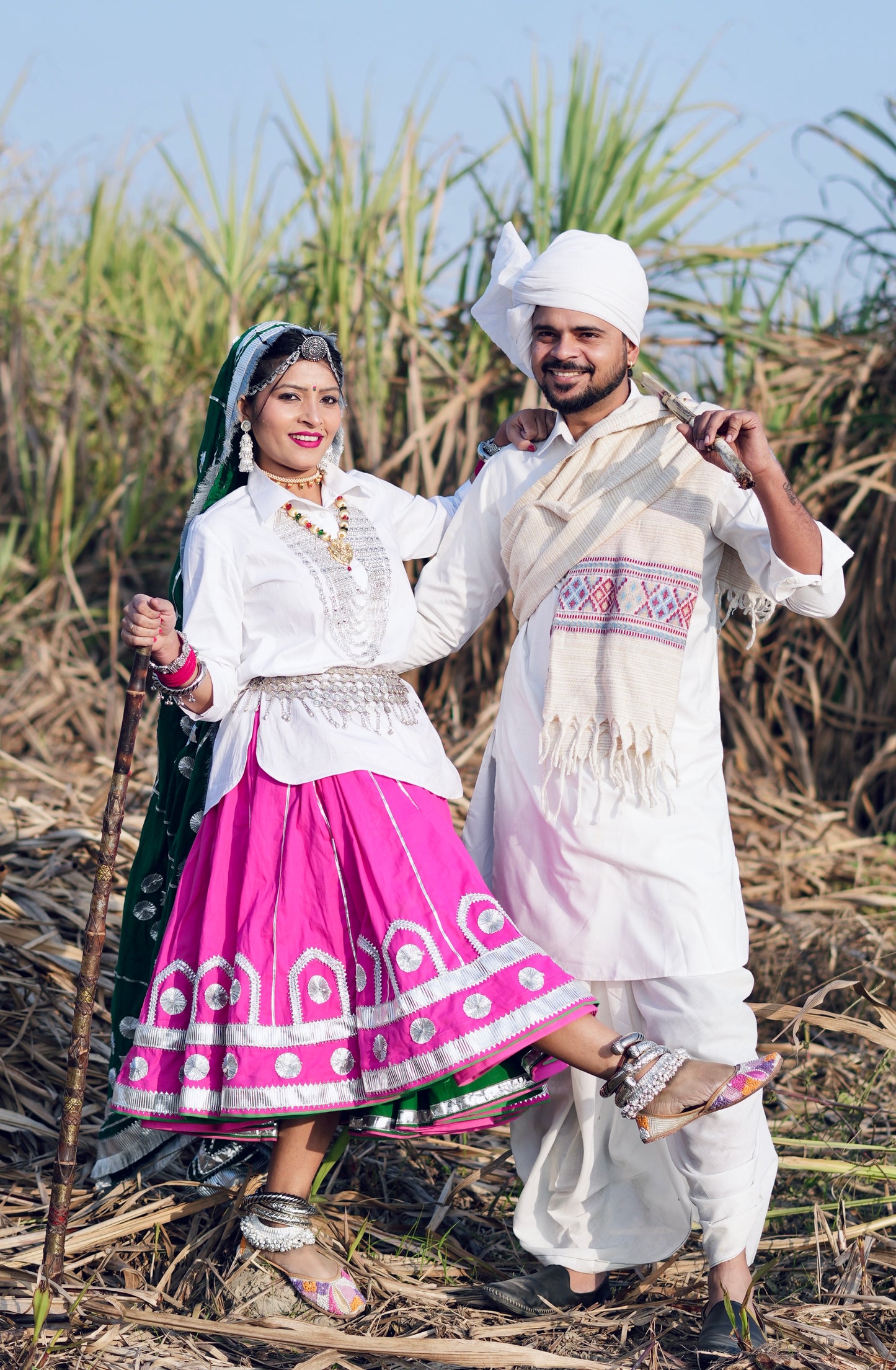 🌸 Beautiful Blossom Reversible Haryanvi Daman Set – Pink & Bottle Green 🌸