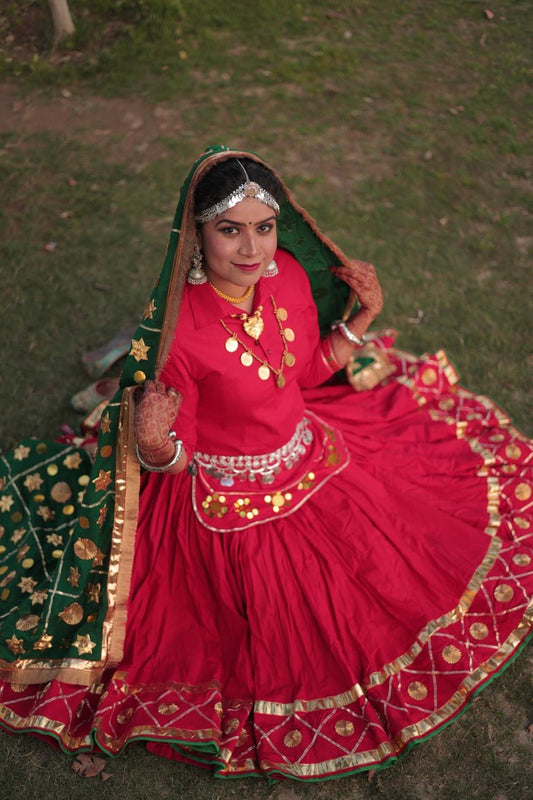 Reversible Royal Red & Green Haryanvi Daman Kurti Chunni Set with Gota & Sitara Work