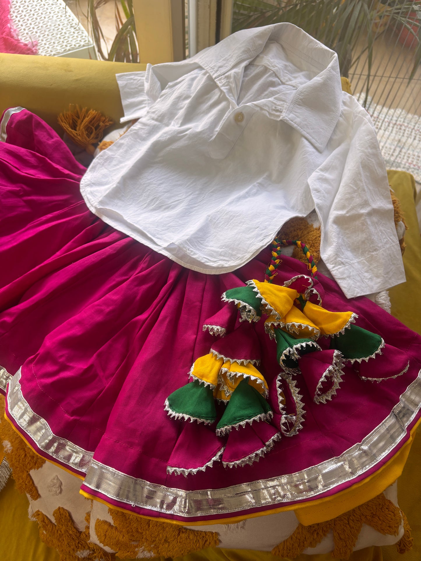 Pink Cotton Haryanvi Daman Kurti Chunni Set for Girls | Traditional Kids Ghagra Dress