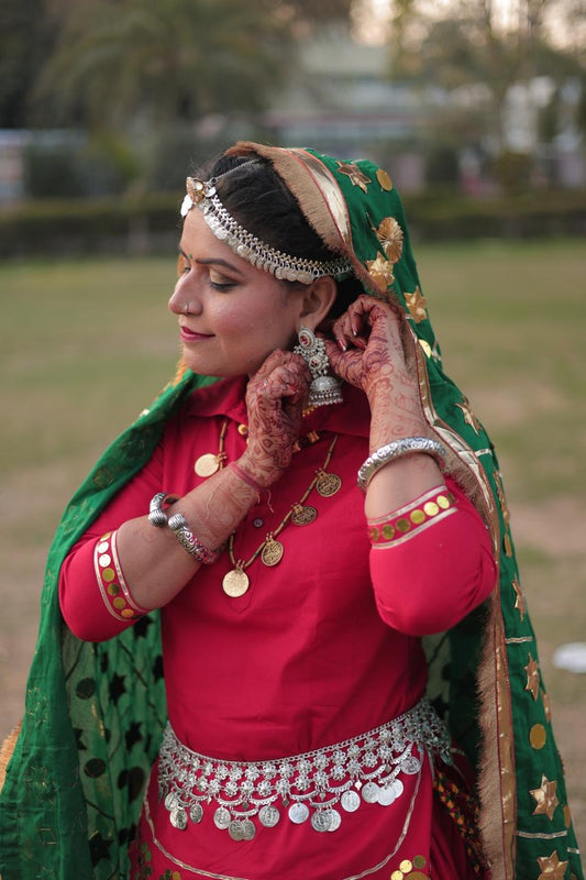 Reversible Royal Red & Green Haryanvi Daman Kurti Chunni Set with Gota & Sitara Work