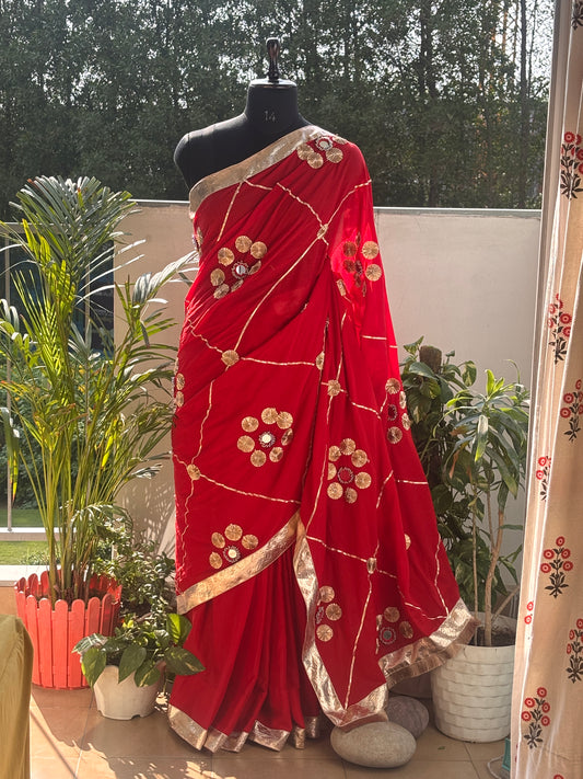 ❤️ Red Mul Cotton Saree with Gota & Mirror Work