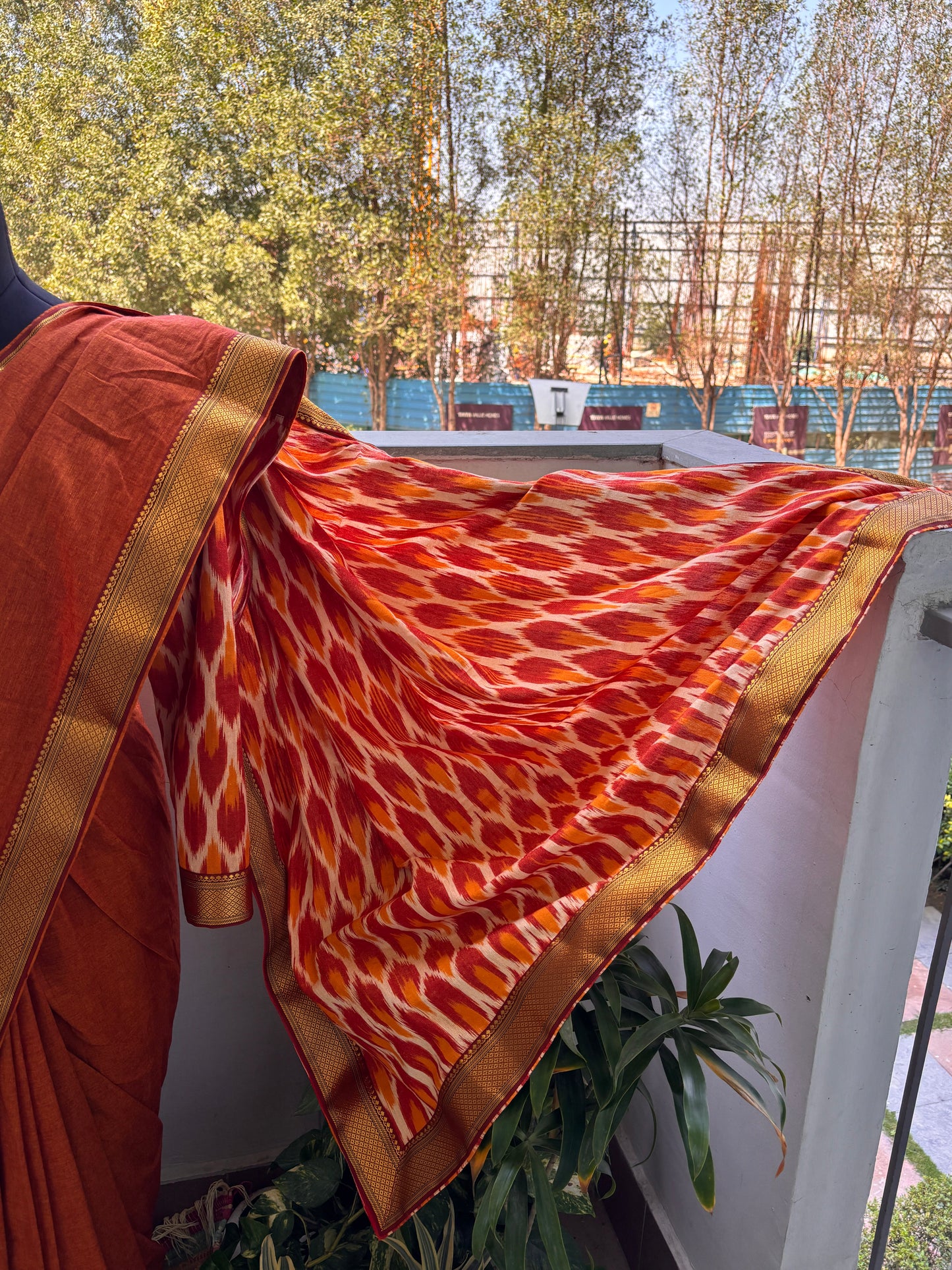 Officer-Class Cotton Saree with Ikkat Blouse & Potli Neck Design (Limited Edition)